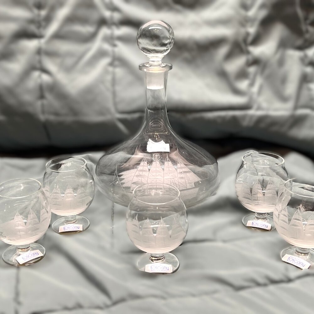 Vintage Etched Glass Clipper Ship Decanter Set: Romanian Toscany Nautical Decor